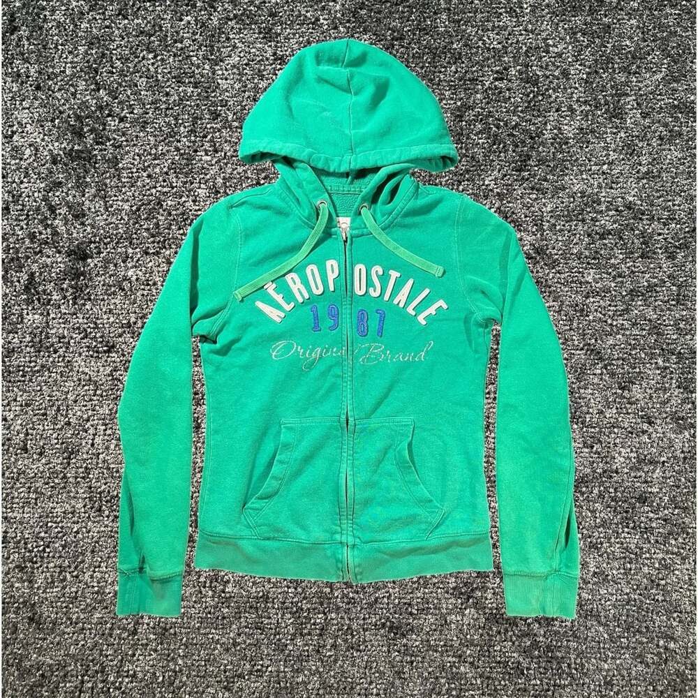 Aeropostale Full Zip Hoodie Size M Green 1987 Spellout Logo